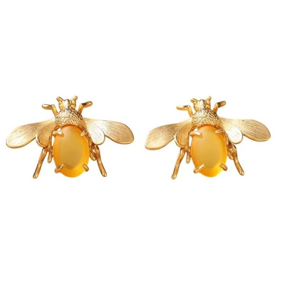 Bee Bug Earrings Pierced Yellow Cabochons Gold Tone Chandelier New - Picture 1 of 5